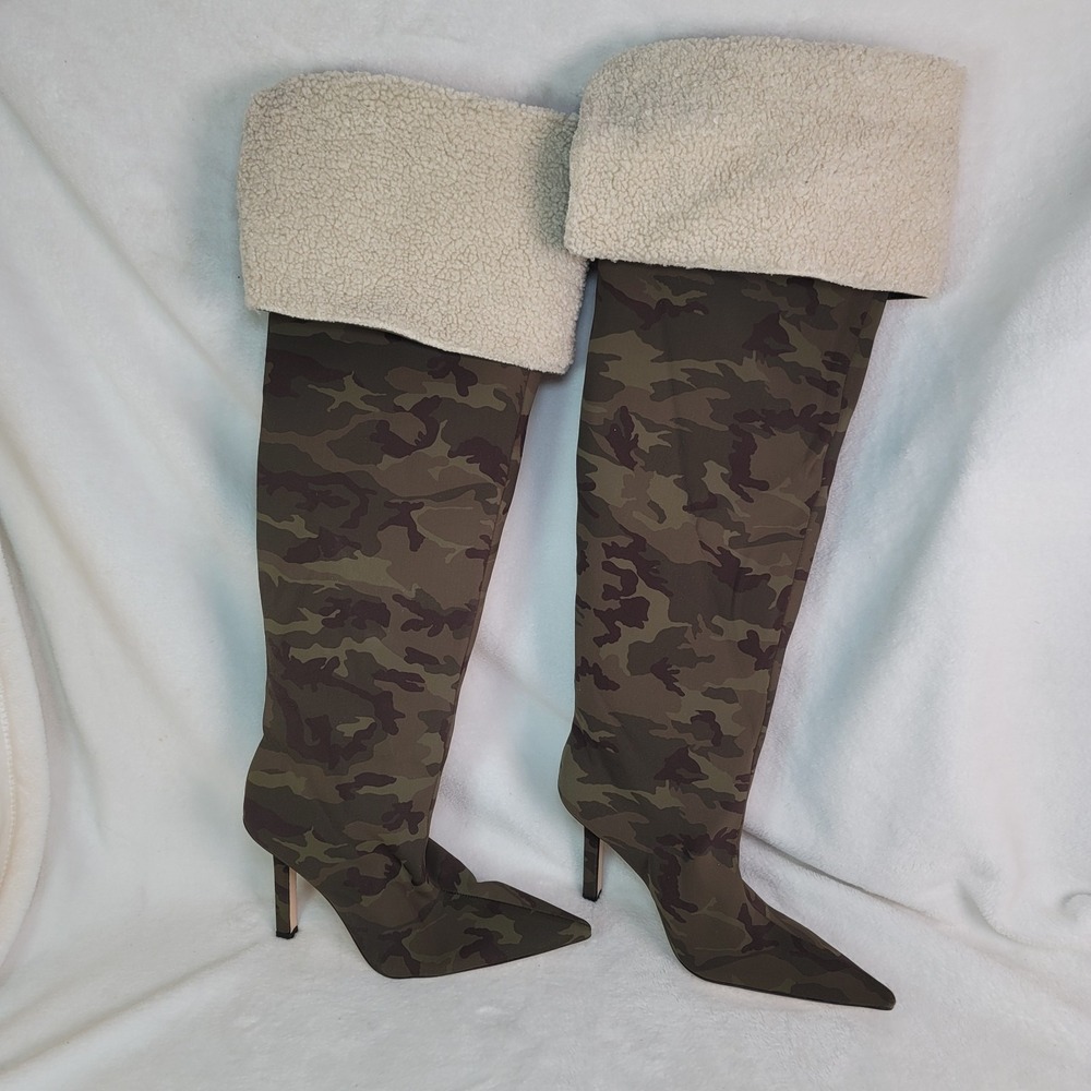 Good American Boots Women Camouflage Thigh High Kardashian Neoprene Sherpa Sz 7